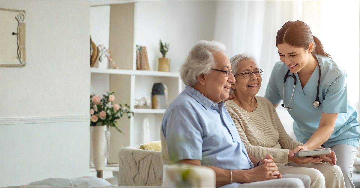 Compassionate Senior & Home Care in Chennai – Lucky Home Health Care Smiling elderly couple receiving home care from an Indian caregiver nurse in Chennai – Lucky Home Health Care