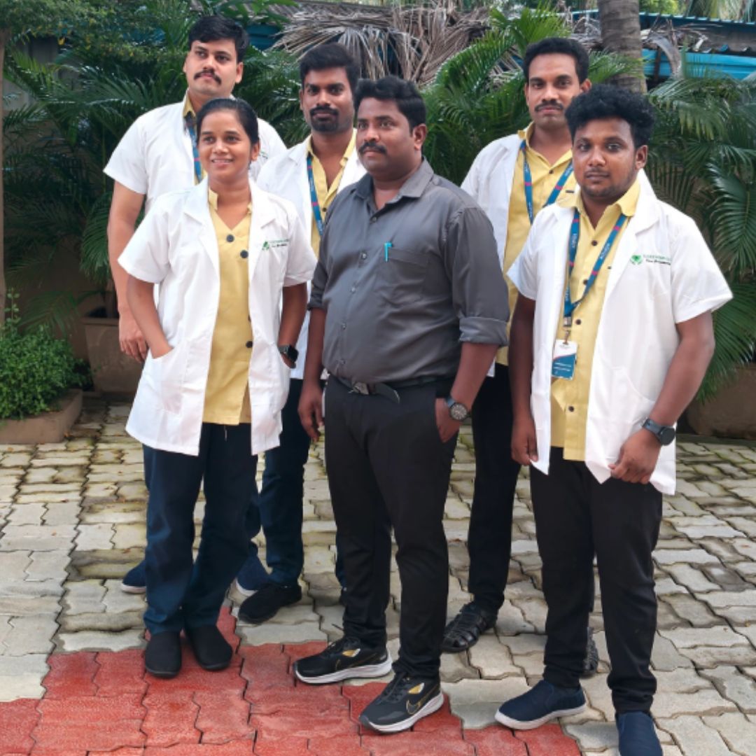 Lucky Home Health Care founder with the nursing and caregiver team at the Chennai office.