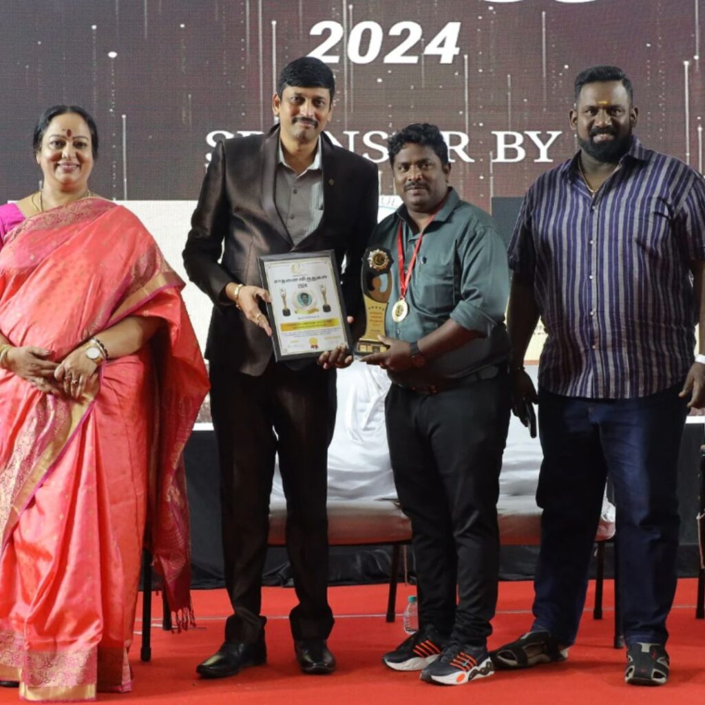 Founder of Lucky Home Health Care, Mr. Meganathan D, being honored with the South Iconic Award in Chennai for leadership in elderly and home nursing care.