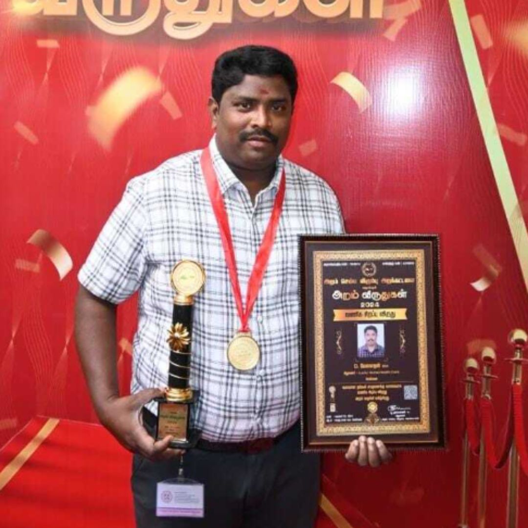 Mr. Meganathan D, Founder of Lucky Home Health Care, receiving the Best Home Health Care Service Award 2024 in Chennai for excellence in senior care and nursing services.