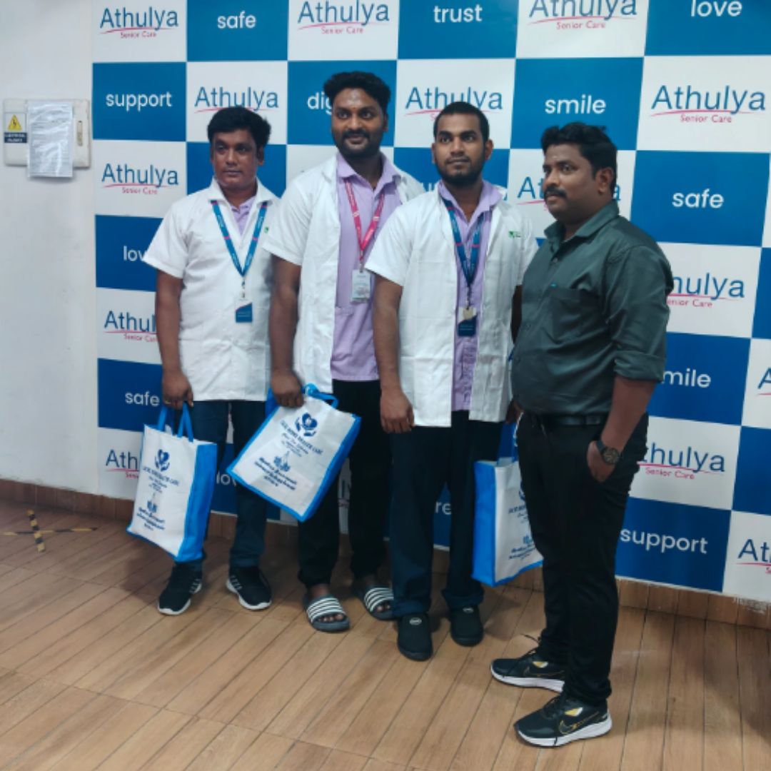 Lucky Home Health Care nurses assisting an elderly patient during a home care visit in Chennai, offering compassionate medical support and companionship.