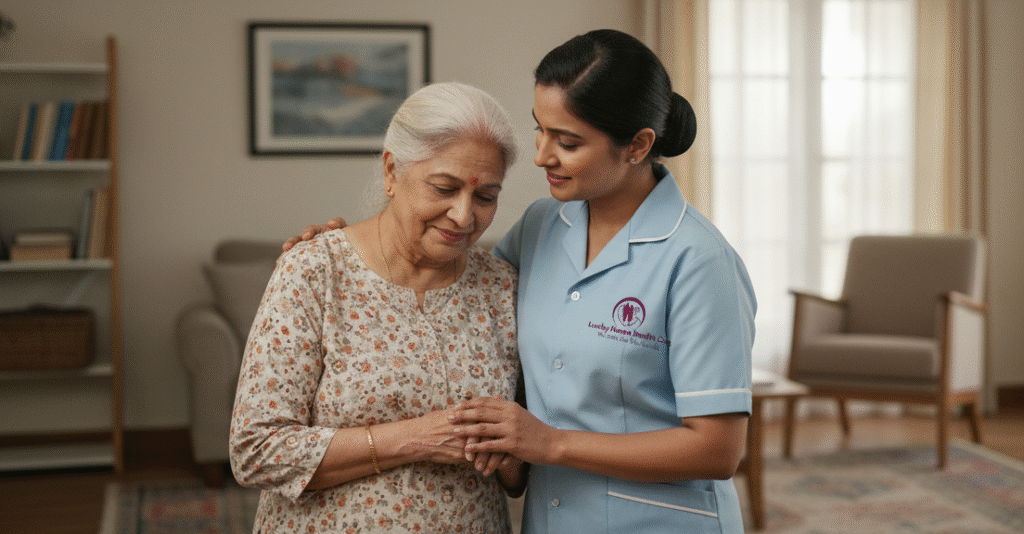 Lucky Home Health Care nurse assisting an elderly woman with dementia during in-home Alzheimer’s care in Chennai.