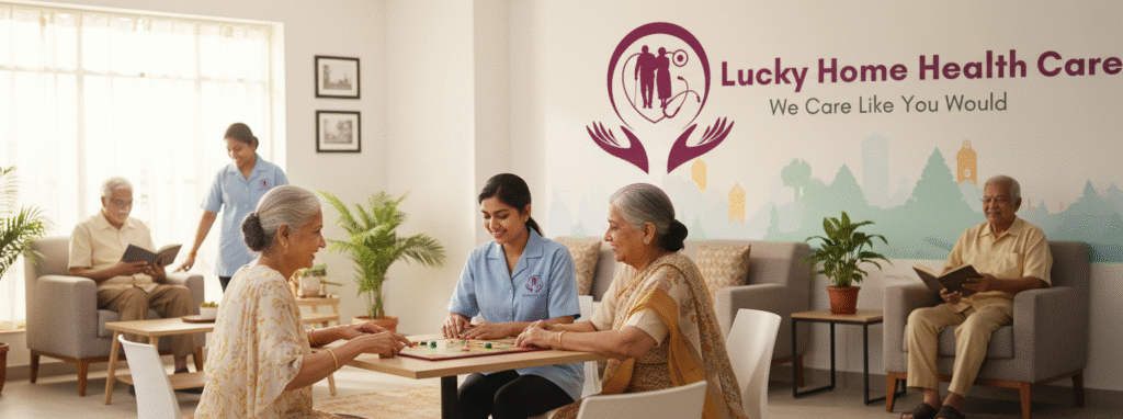 Lucky Home Health Care caregiver assisting an elderly couple with daily activities in their home in Chennai.