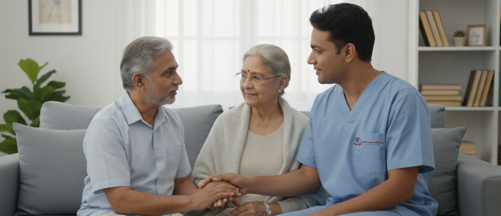 Nurse from Lucky Home Health Care comforting an elderly woman during palliative care at home in Chennai.