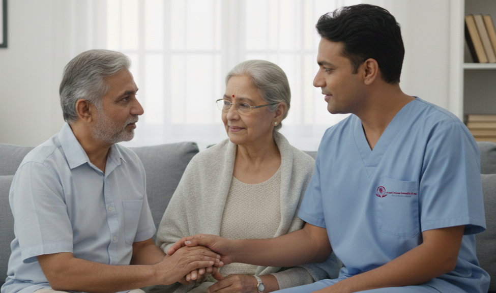 Nurse providing palliative care to an elderly patient at home in Chennai with compassion and comfort.