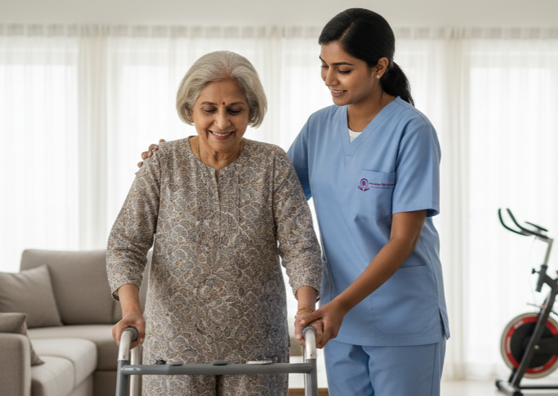 Lucky Home Health Care nurse helping an elderly woman walk safely at home in Chennai with care and support.
