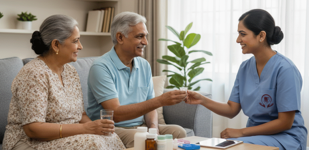 Lucky Home Health Care nurse assisting a senior patient during post-hospital recovery at home in Chennai.