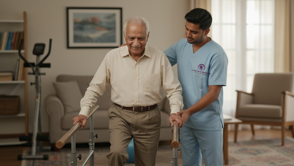 Physiotherapist from Lucky Home Health Care guiding an elderly patient through rehabilitation exercises at home in Chennai.