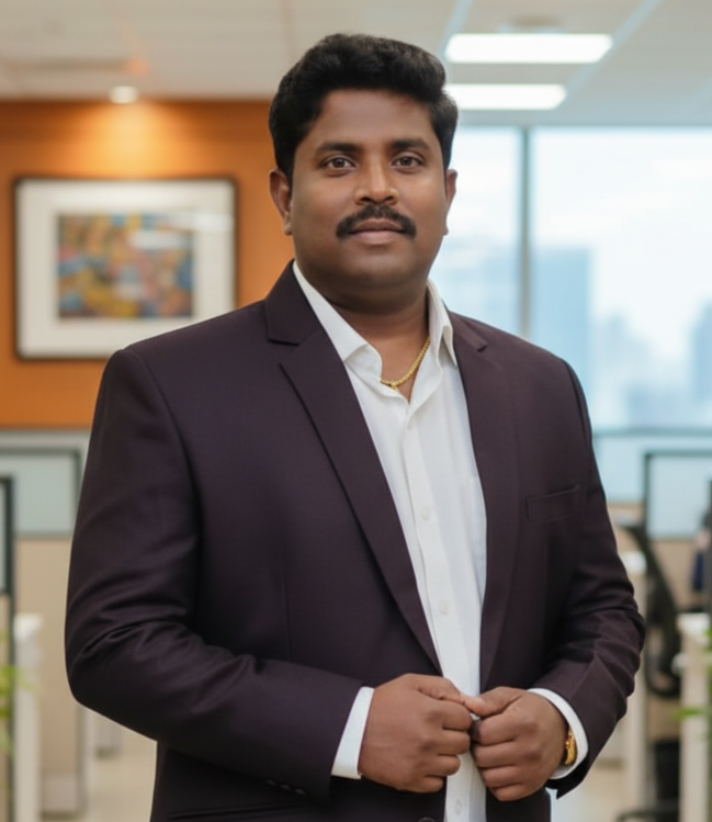 Mr. Meganathan D, founder of Lucky Home Health Care, standing confidently at the Chennai headquarters, representing trusted senior care and home nursing excellence.