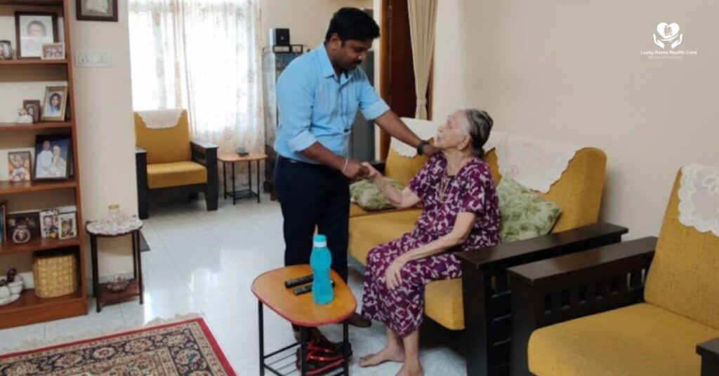 Home nursing staff Arthi shaking hands with elderly client Mrs. Jayalakshmi in her Nungambakkam home.